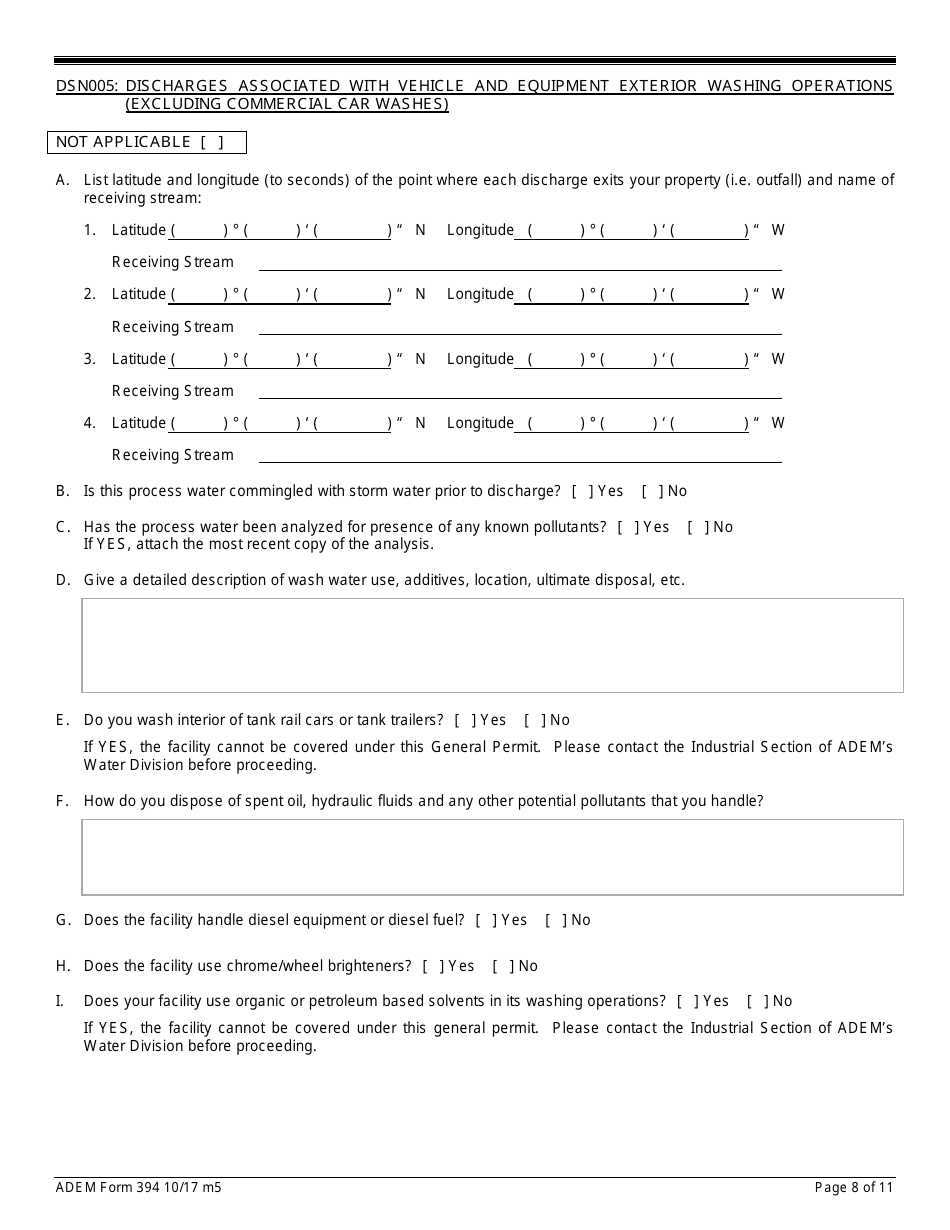 ADEM Form 394 Notice of Intent - Npdes General Permit Number Alg340000 - Alabama, Page 8