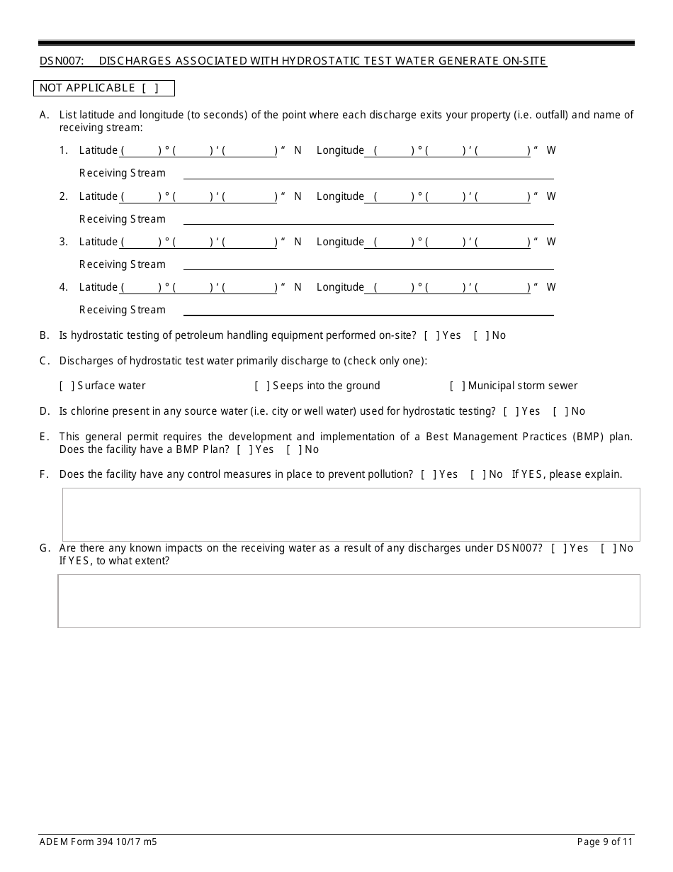 ADEM Form 394 Notice of Intent - Npdes General Permit Number Alg340000 - Alabama, Page 9