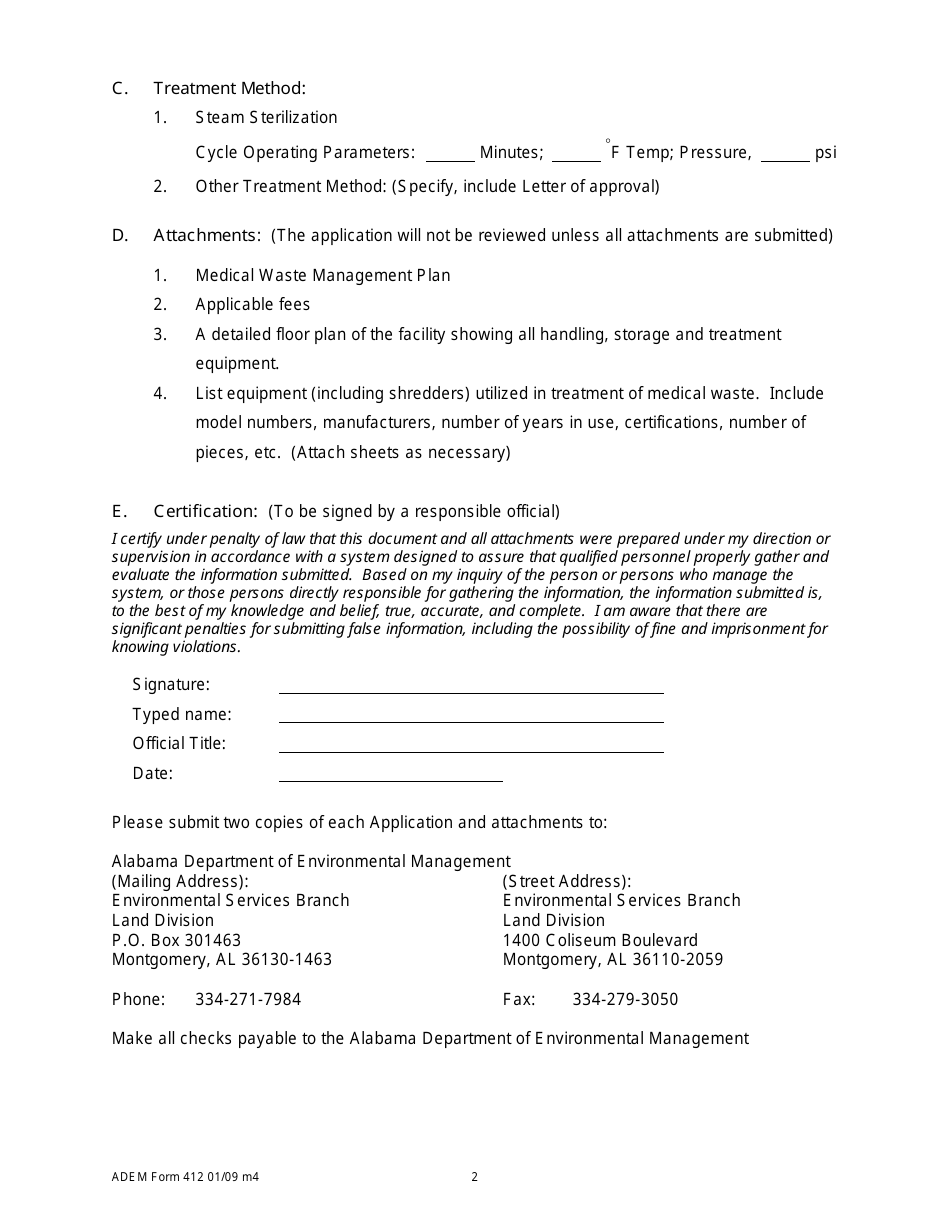 ADEM Form 412 Medical Waste Treatment Permit Application - Alabama, Page 2