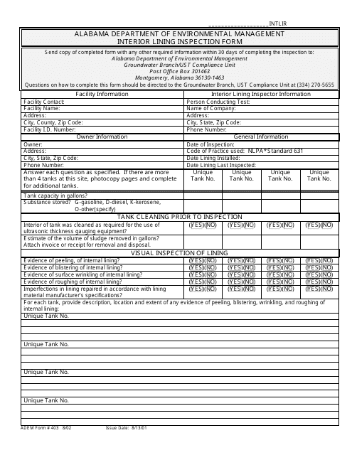 ADEM Form 403 Interior Lining Inspection Form - Alabama