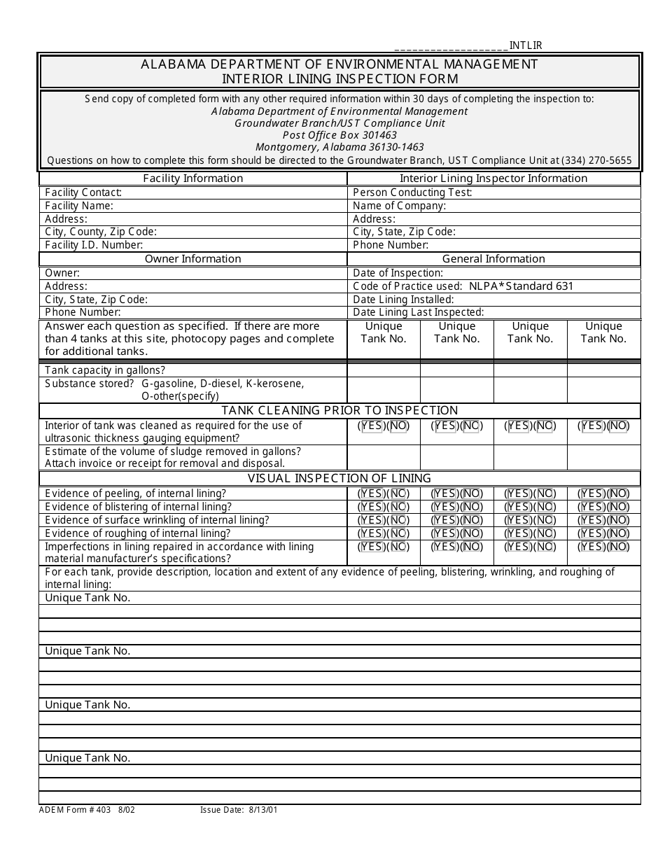ADEM Form 403 Interior Lining Inspection Form - Alabama, Page 1