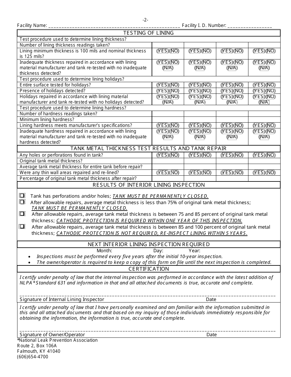ADEM Form 403 Interior Lining Inspection Form - Alabama, Page 2