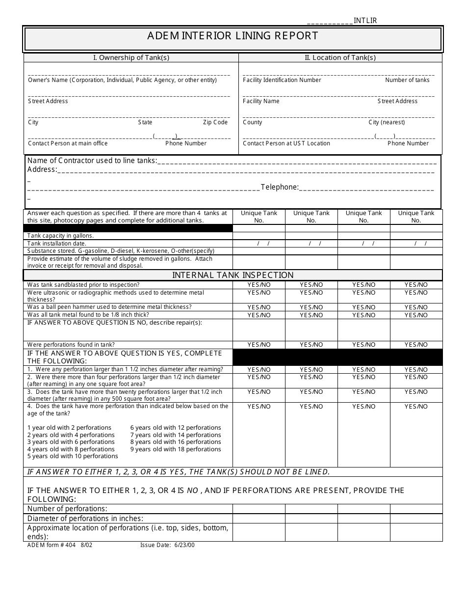 ADEM Form 404 ADEM Interior Lining Report - Alabama, Page 1