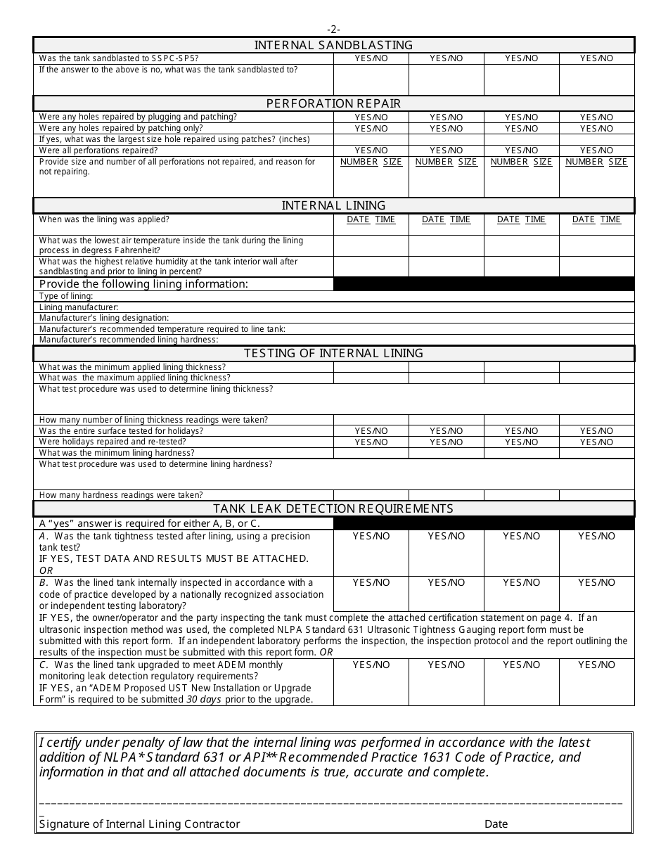 ADEM Form 404 ADEM Interior Lining Report - Alabama, Page 2