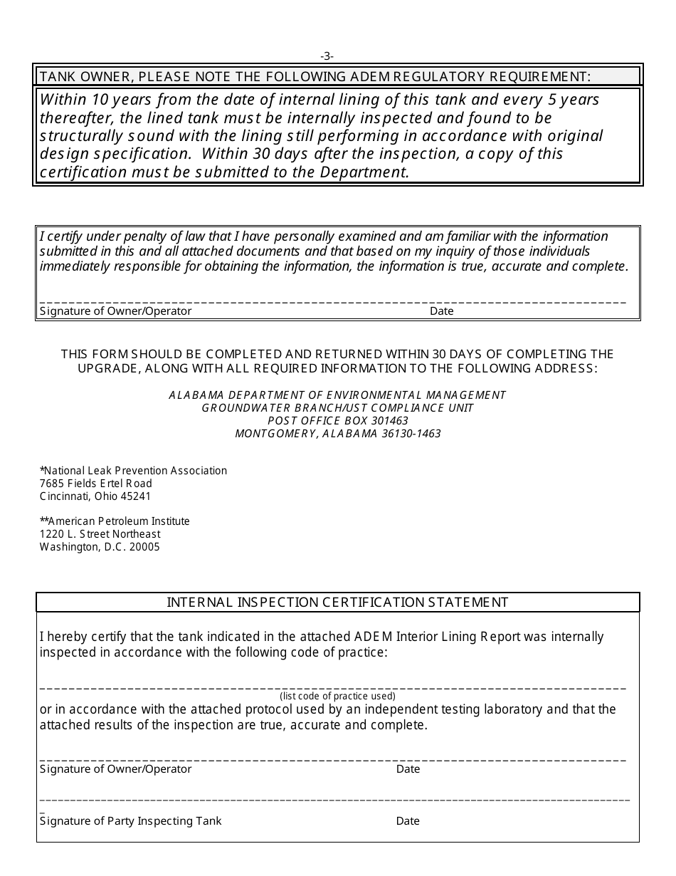 ADEM Form 404 ADEM Interior Lining Report - Alabama, Page 3