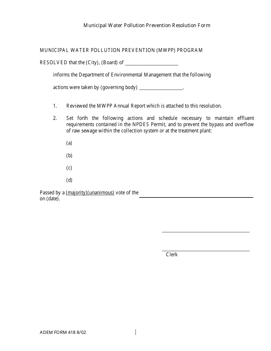 ADEM Form 418 Municipal Water Pollution Prevention Resolution Form - Alabama, Page 1