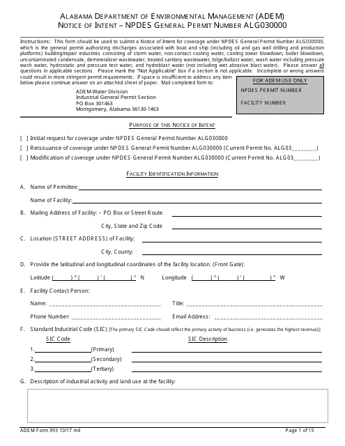 ADEM Form 393 Notice of Intent - Npdes General Permit Number Alg030000 - Alabama