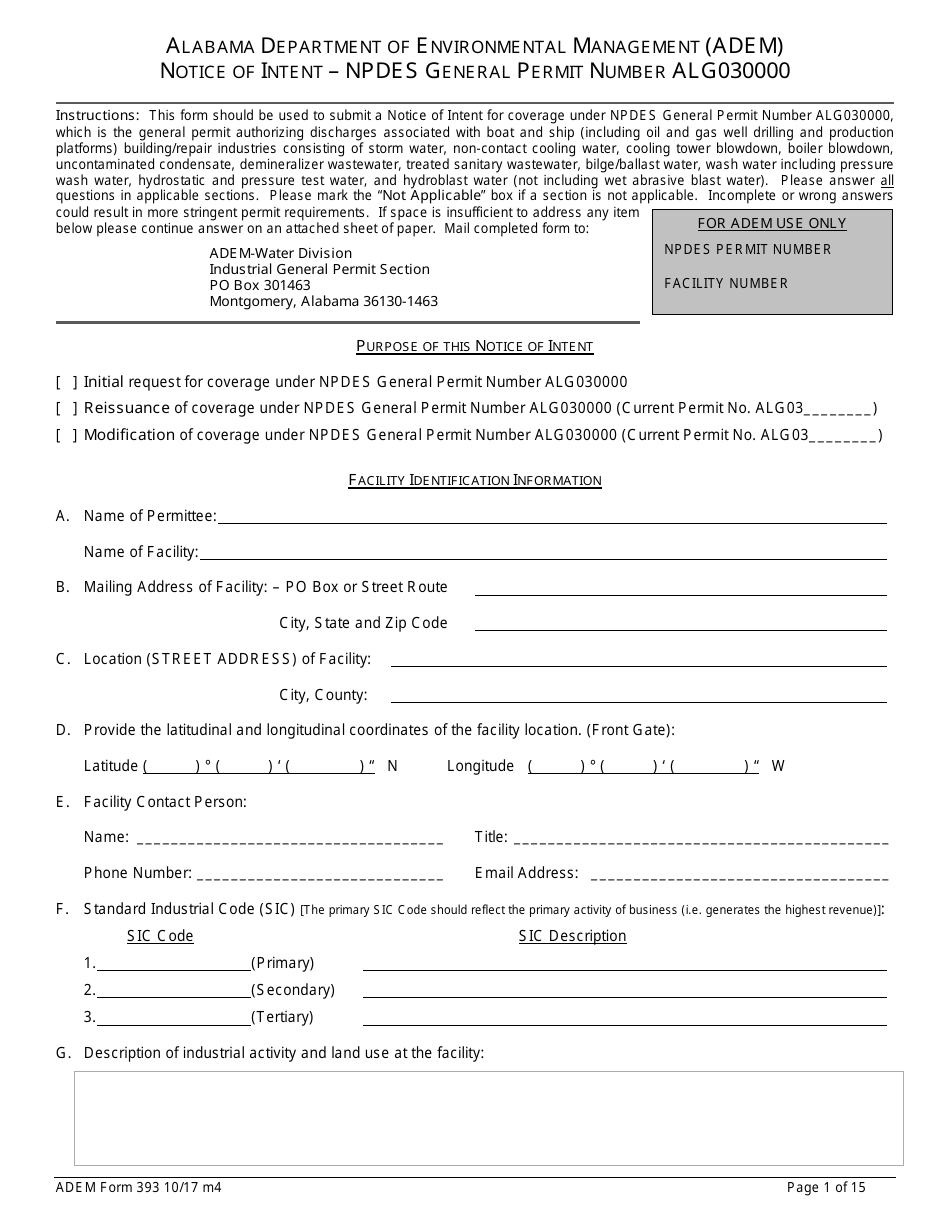 ADEM Form 393 Notice of Intent - Npdes General Permit Number Alg030000 - Alabama, Page 1