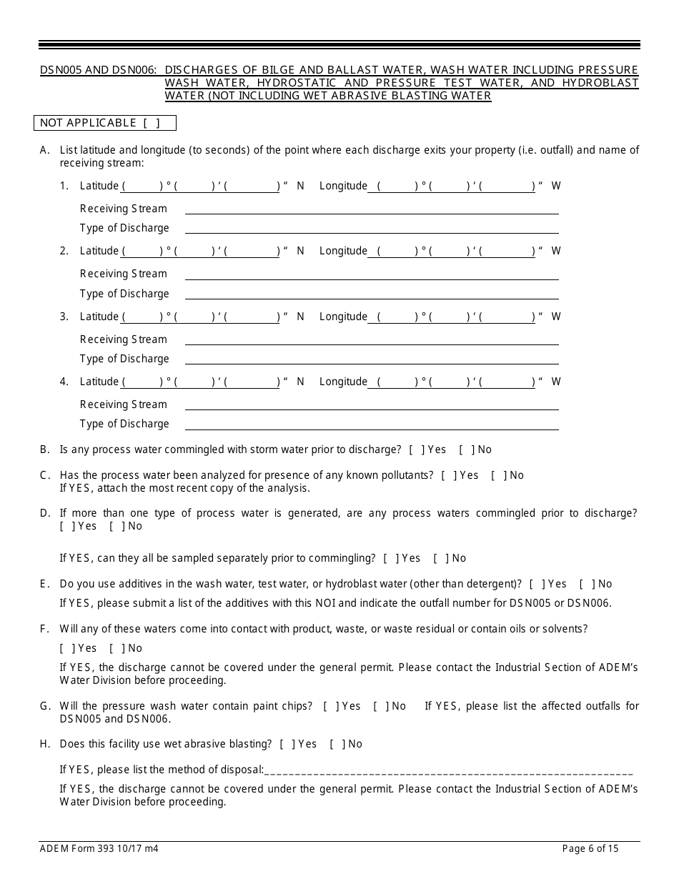 ADEM Form 393 Notice of Intent - Npdes General Permit Number Alg030000 - Alabama, Page 6