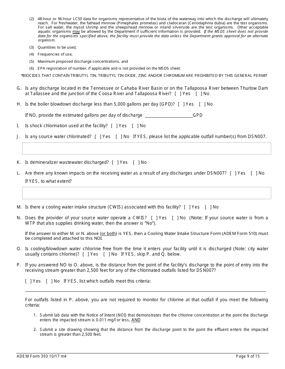 ADEM Form 393 Notice of Intent - Npdes General Permit Number Alg030000 - Alabama, Page 9
