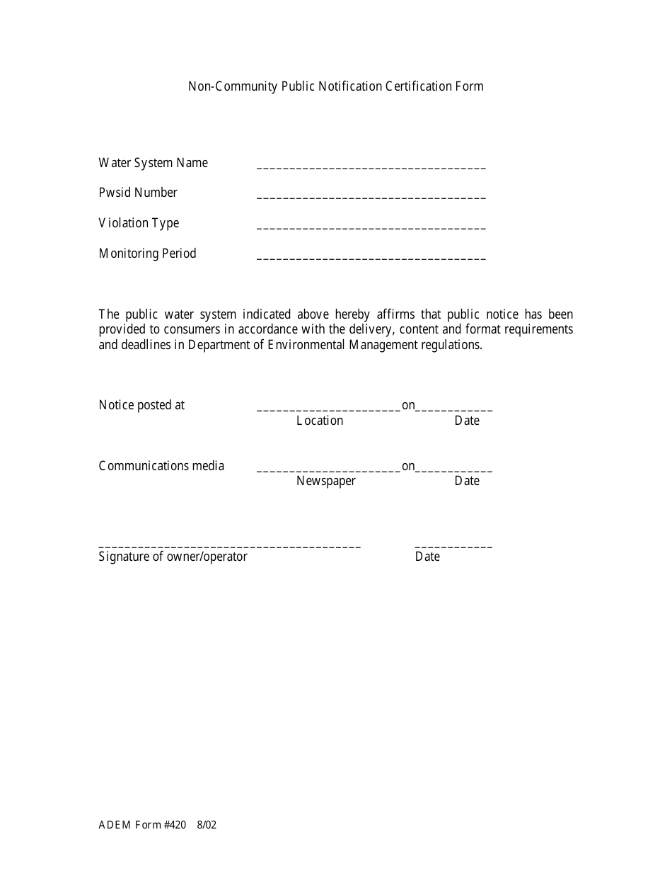 ADEM Form 420 Non-community Public Notification Certification Form - Alabama, Page 1