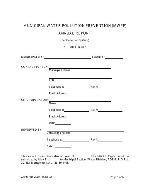 ADEM Form 416 Municipal Water Pollution Prevention (Mwpp) Annual Report (For Collection Systems) - Alabama