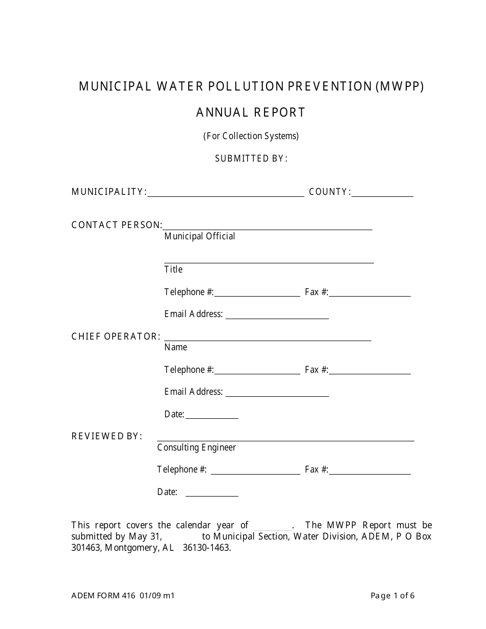 ADEM Form 416 Municipal Water Pollution Prevention (Mwpp) Annual Report (For Collection Systems) - Alabama, Page 1