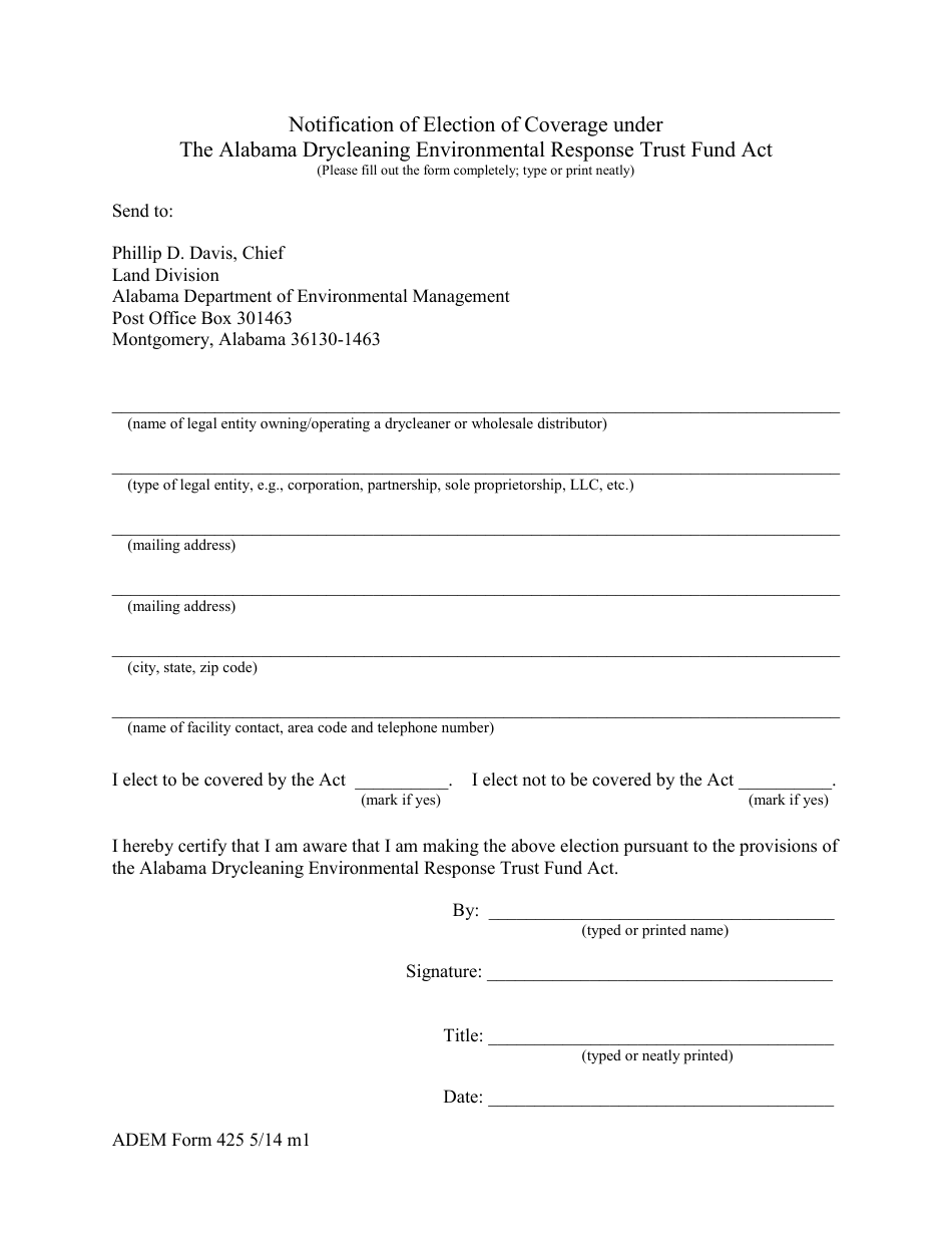 ADEM Form 425 Notification of Election of Coverage Under the Alabama Drycleaning Environmental Response Trust Fund Act - Alabama, Page 1