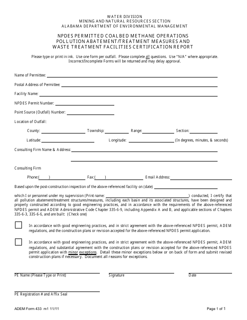 ADEM Form 433  Printable Pdf