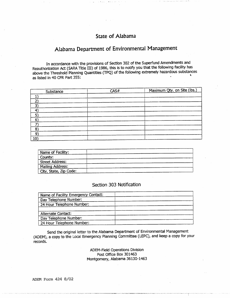 ADEM Form 424 Notification - Above the Threshold Planning Quantities (Tpq) of Extremely Hazardous Substances - Alabama, Page 1