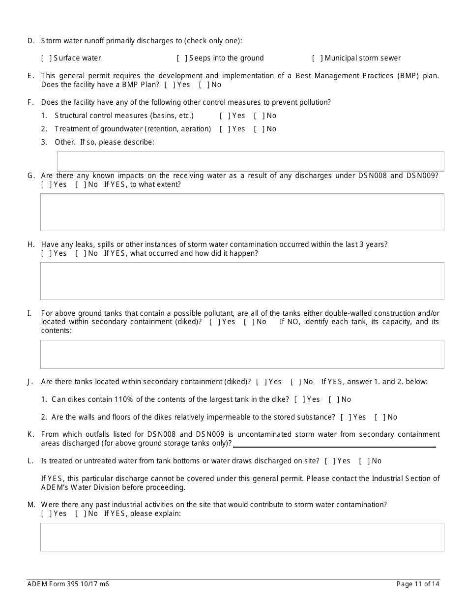 ADEM Form 395 Notice of Intent - Npdes General Permit Number Alg360000 - Alabama, Page 11
