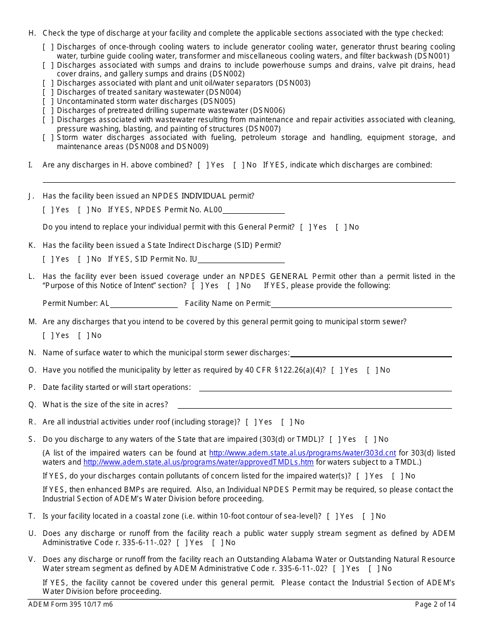 ADEM Form 395 Notice of Intent - Npdes General Permit Number Alg360000 - Alabama, Page 2