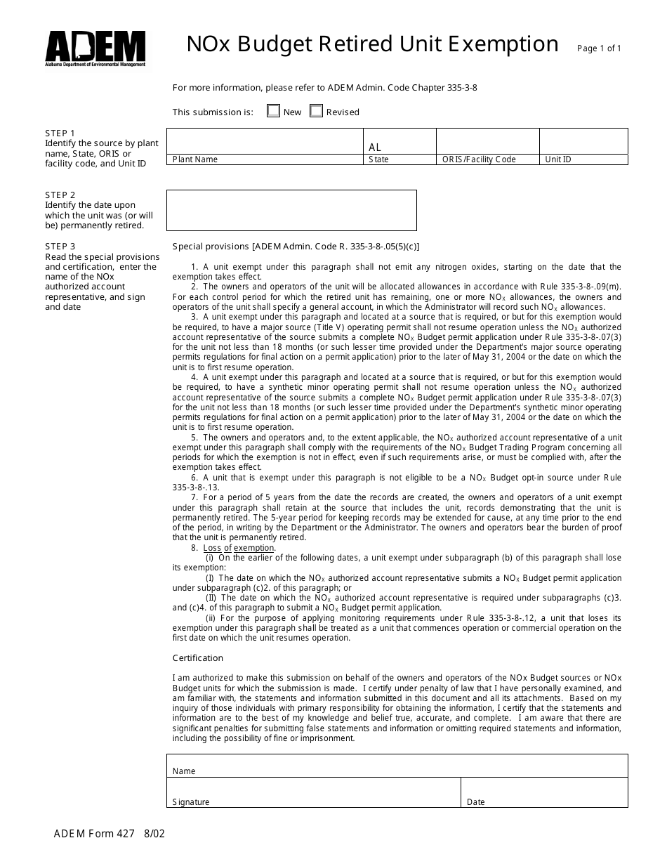 ADEM Form 427 Nox Budget Retired Unit Exemption - Alabama, Page 1