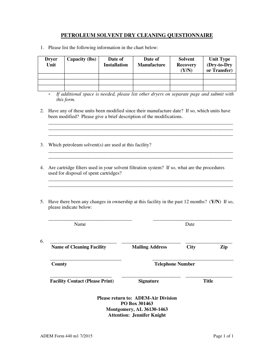 ADEM Form 440 Petroleum Solvent Dry Cleaning Questionnaire - Alabama, Page 1