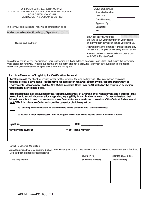 ADEM Form 435 Operator Certification Renewal Form - Alabama