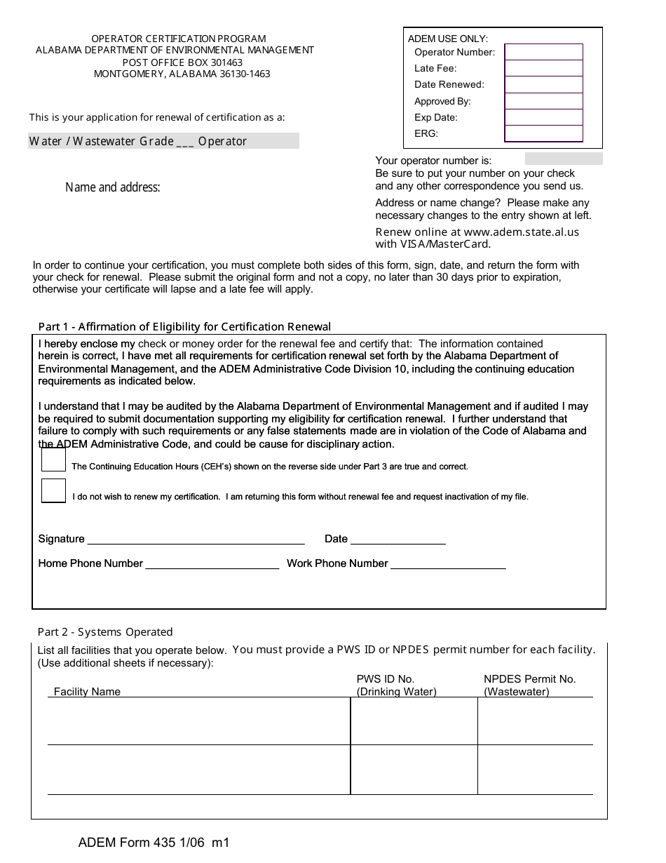 ADEM Form 435 Operator Certification Renewal Form - Alabama, Page 1
