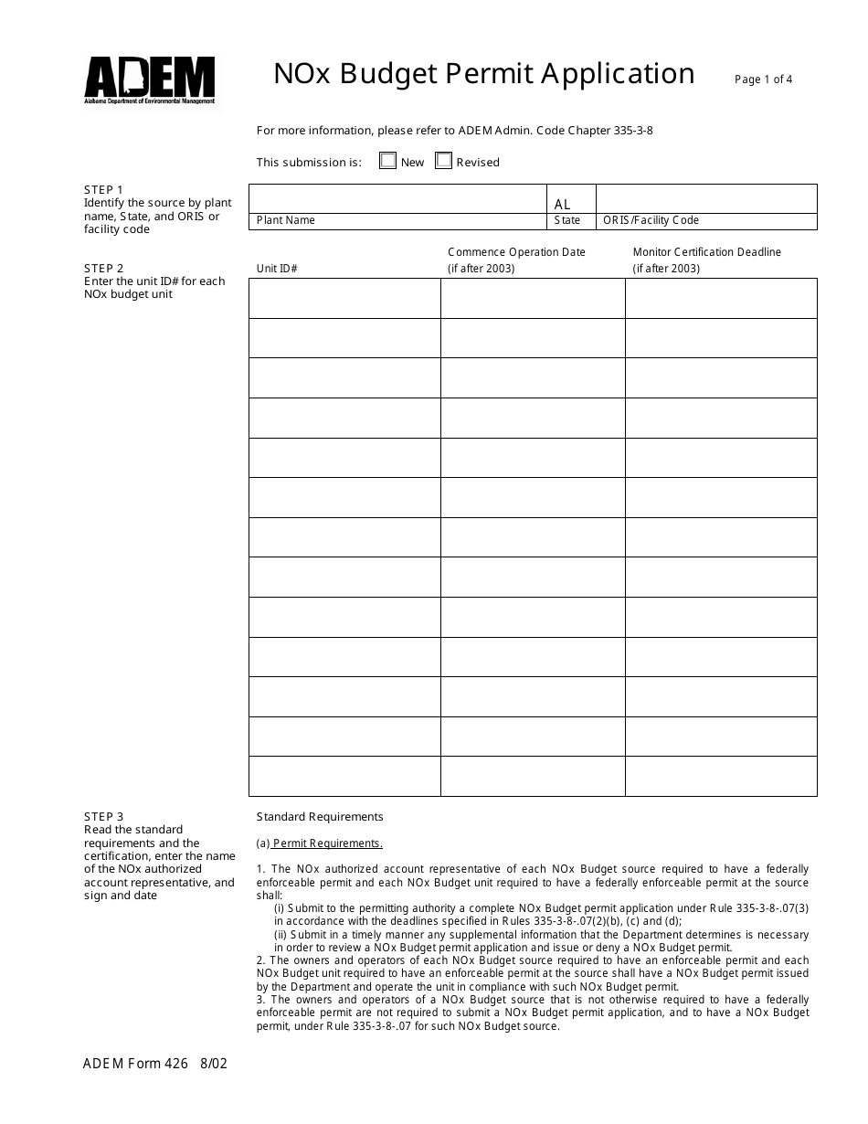 ADEM Form 426 Nox Budget Permit Application - Alabama, Page 1