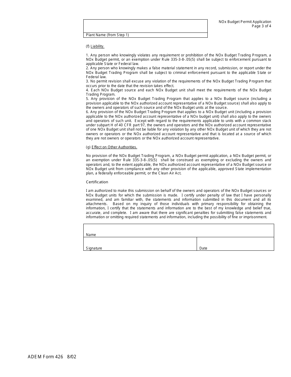 ADEM Form 426 Nox Budget Permit Application - Alabama, Page 3
