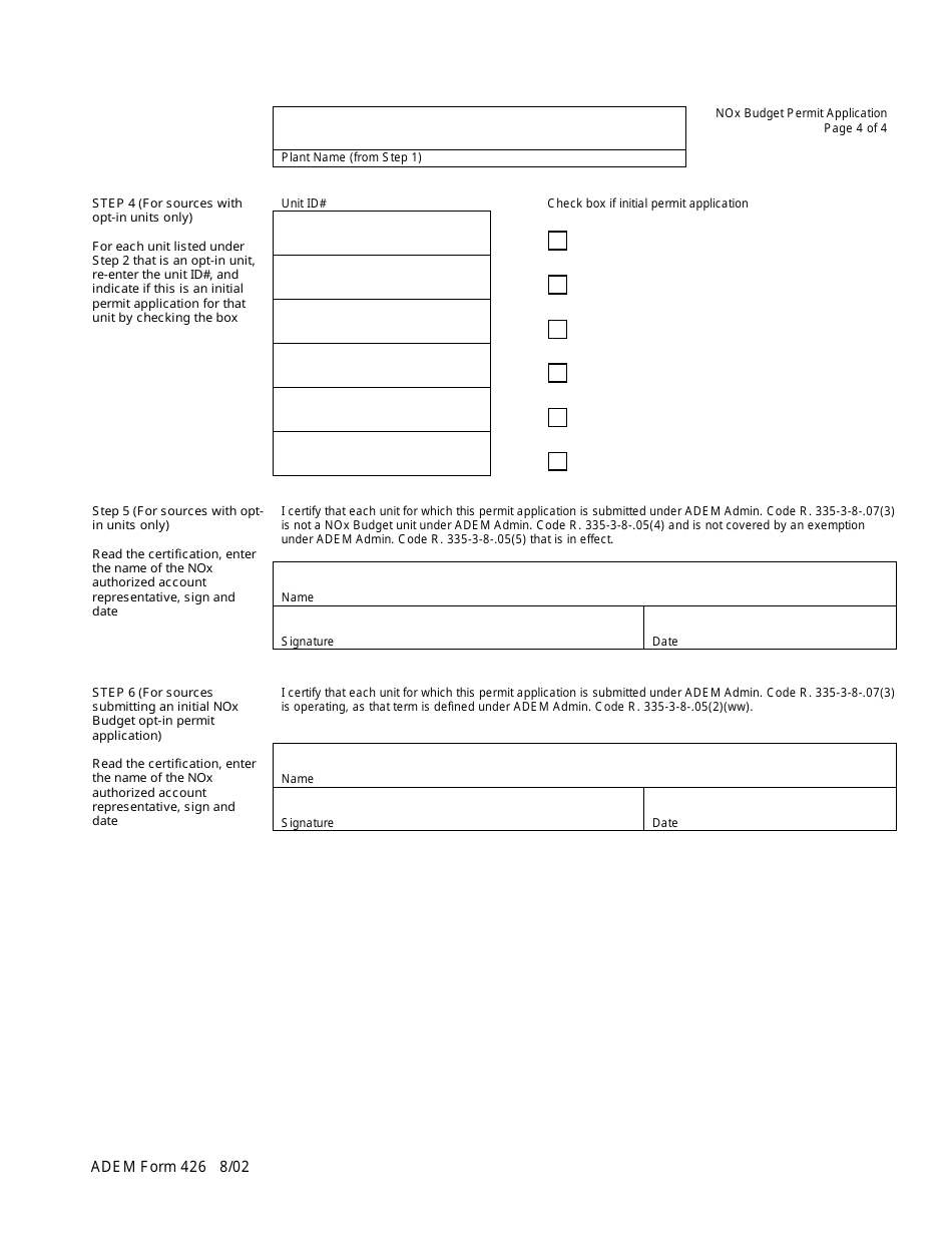 ADEM Form 426 Nox Budget Permit Application - Alabama, Page 4