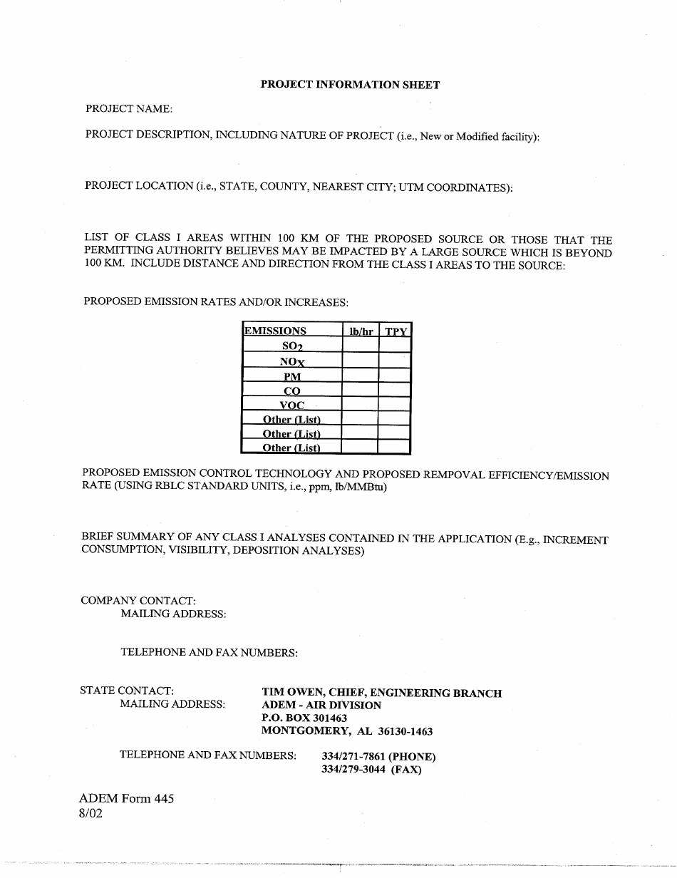 ADEM Form 445 Project Information Sheet - Alabama, Page 1
