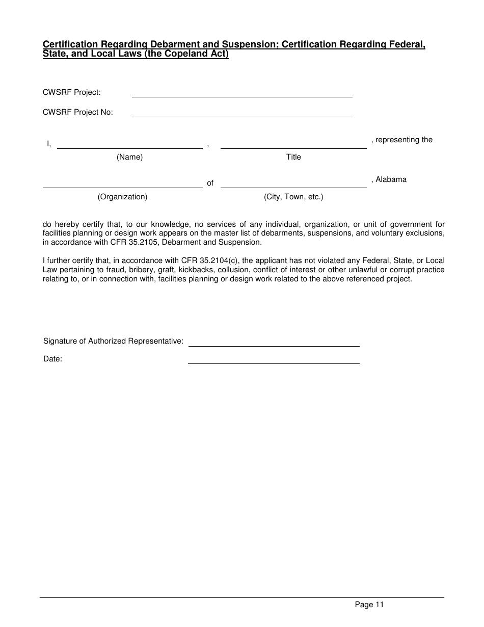ADEM Form 339 Clean Water State Revolving Fund (Cwsrf) Loan Application - Alabama, Page 11