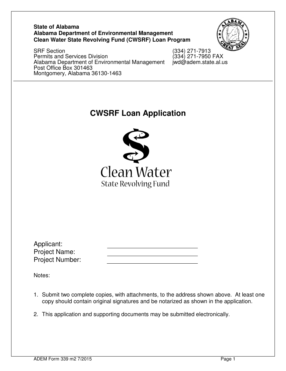 ADEM Form 339 Clean Water State Revolving Fund (Cwsrf) Loan Application - Alabama, Page 1