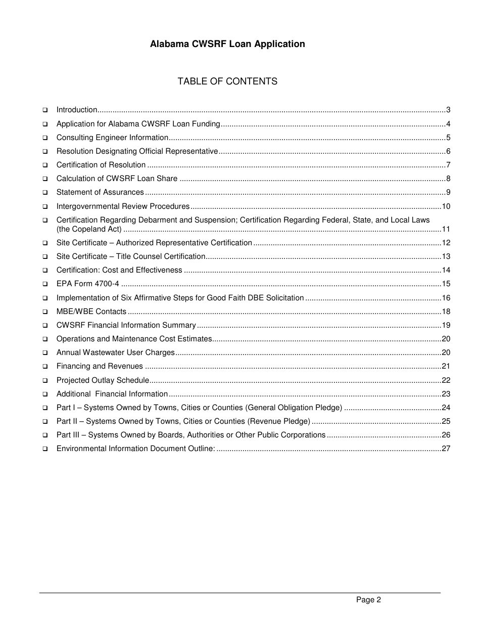 ADEM Form 339 Clean Water State Revolving Fund (Cwsrf) Loan Application - Alabama, Page 2