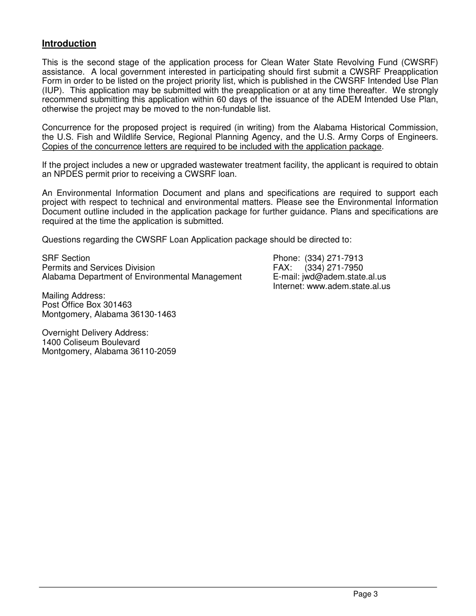 ADEM Form 339 Clean Water State Revolving Fund (Cwsrf) Loan Application - Alabama, Page 3
