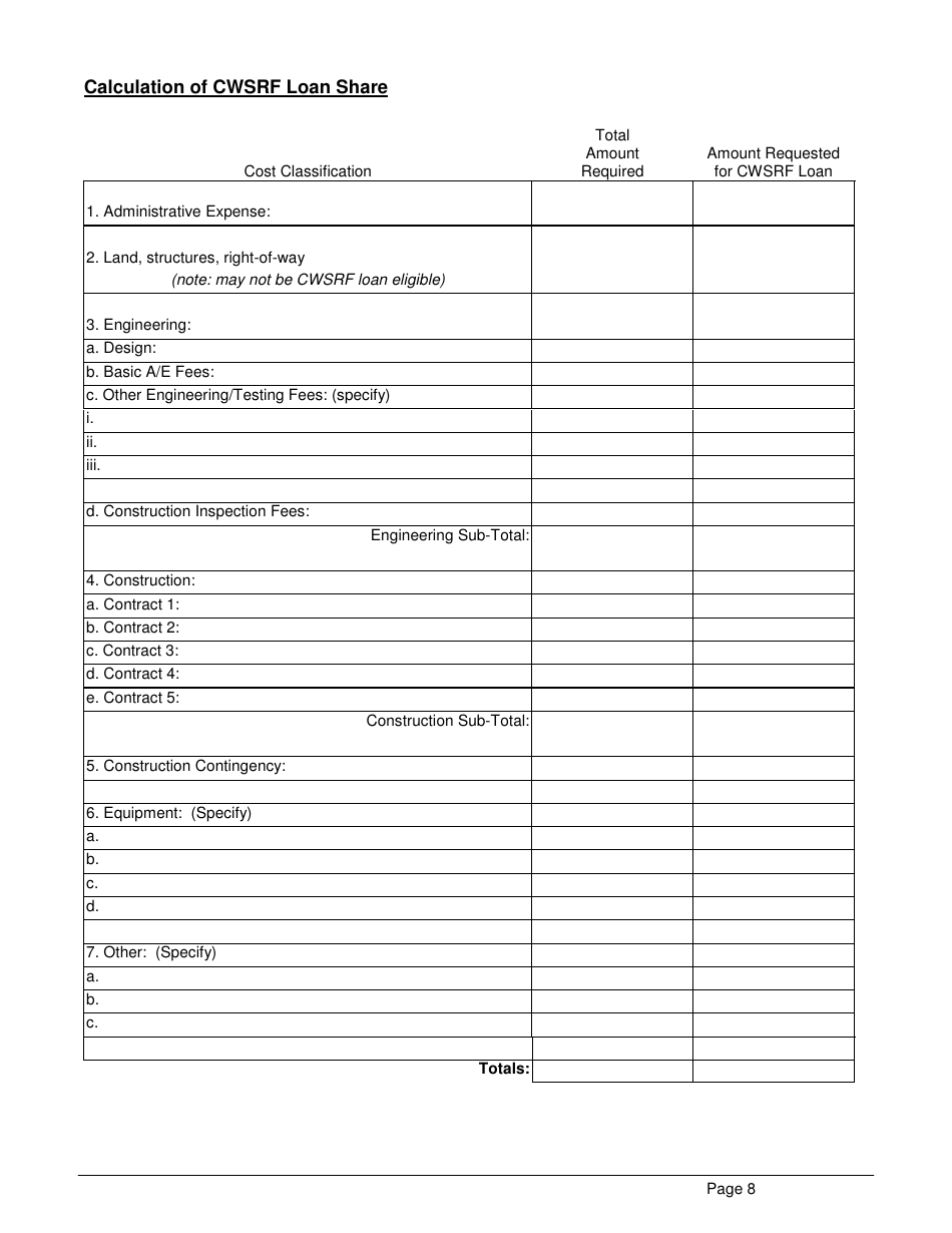 ADEM Form 339 Clean Water State Revolving Fund (Cwsrf) Loan Application - Alabama, Page 8