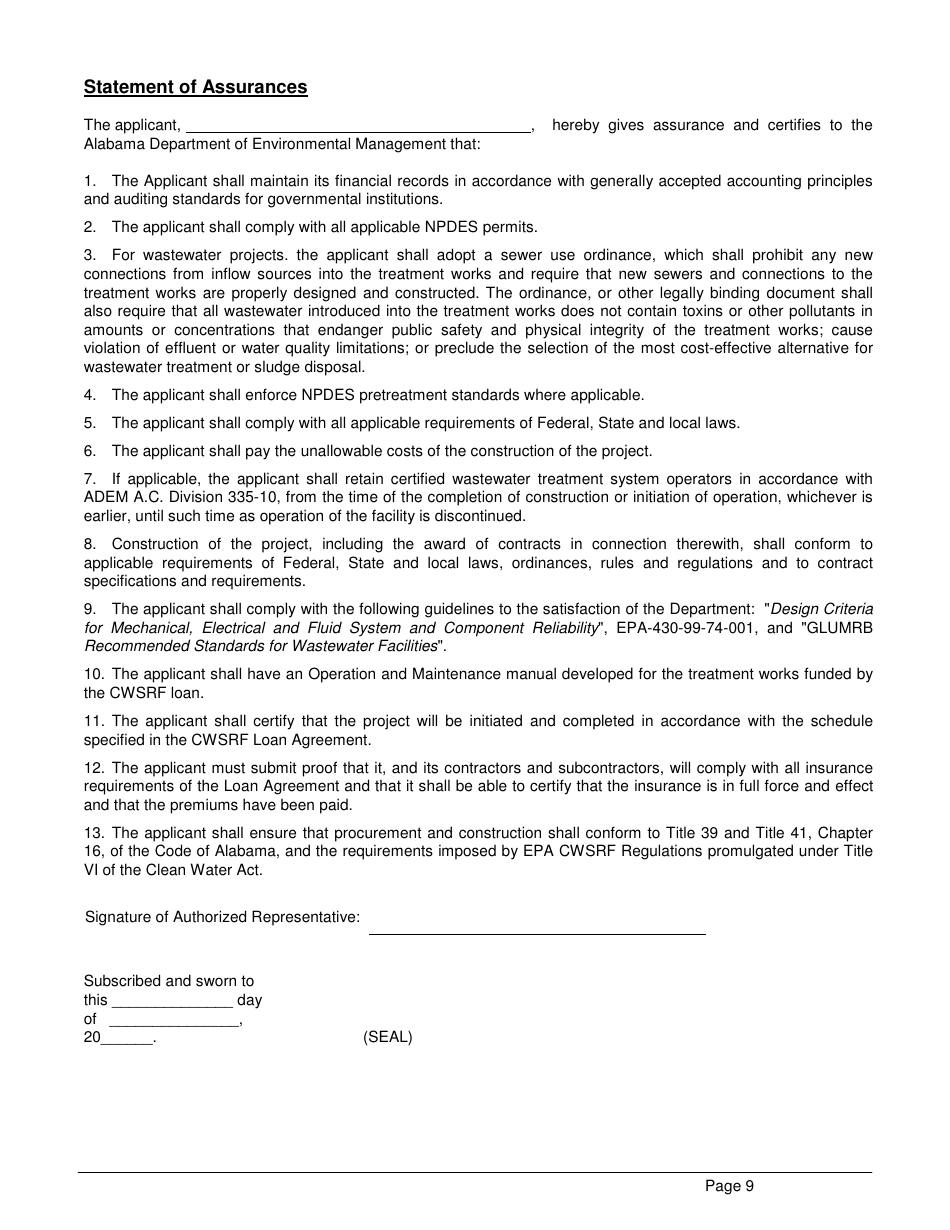 ADEM Form 339 Clean Water State Revolving Fund (Cwsrf) Loan Application - Alabama, Page 9
