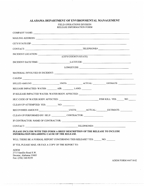 ADEM Form 447 Release Information Form - Alabama