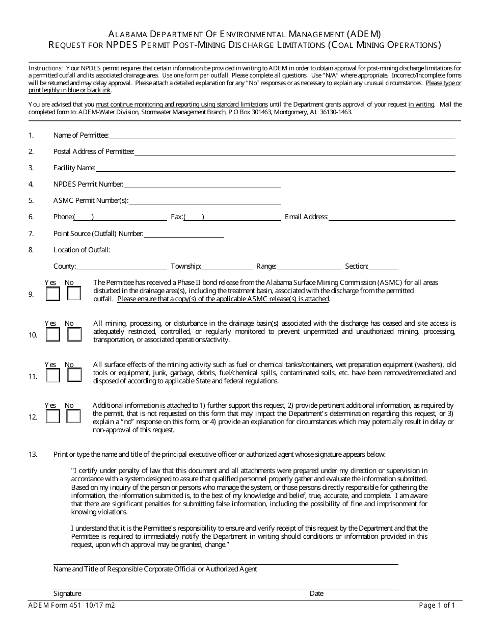 ADEM Form 451 Request for Npdes Permit Post-mining Discharge Limitations (Coal Mining Operations) - Alabama, Page 1