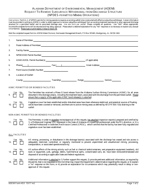 ADEM Form 453 Request to Remove Subsurface Withdrawal From Discharge Structure (Npdes-Permitted Mining Operations) - Alabama