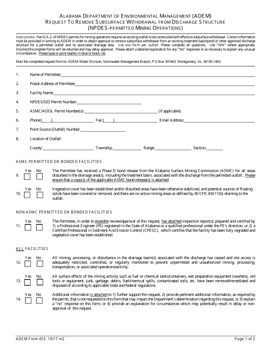 ADEM Form 453 - Fill Out, Sign Online and Download Fillable PDF ...