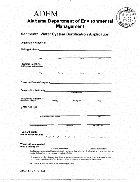 ADEM Form 456 Segmental Water System Certification Application - Alabama