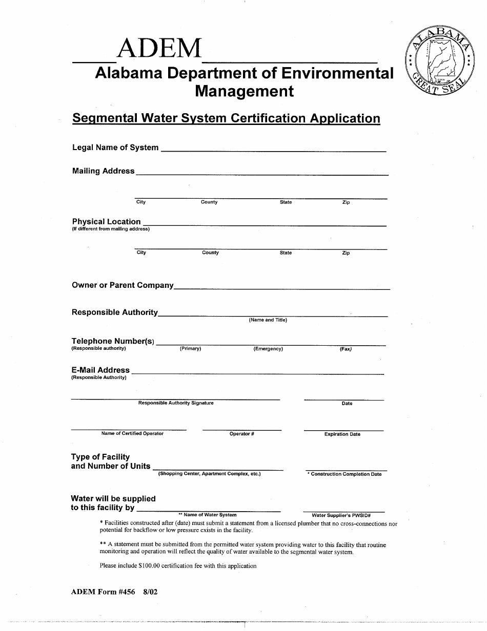 ADEM Form 456 Segmental Water System Certification Application - Alabama, Page 1