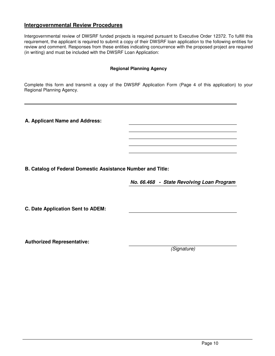 ADEM Form 369 Drinking Water State Revolving Fund (Dwsrf) Loan Application - Alabama, Page 10