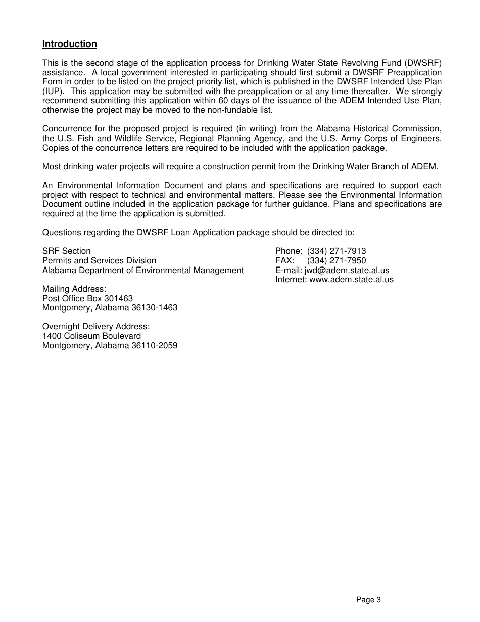 ADEM Form 369 Drinking Water State Revolving Fund (Dwsrf) Loan Application - Alabama, Page 3