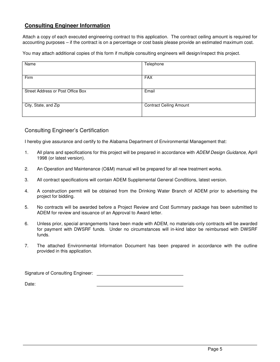 ADEM Form 369 Drinking Water State Revolving Fund (Dwsrf) Loan Application - Alabama, Page 5