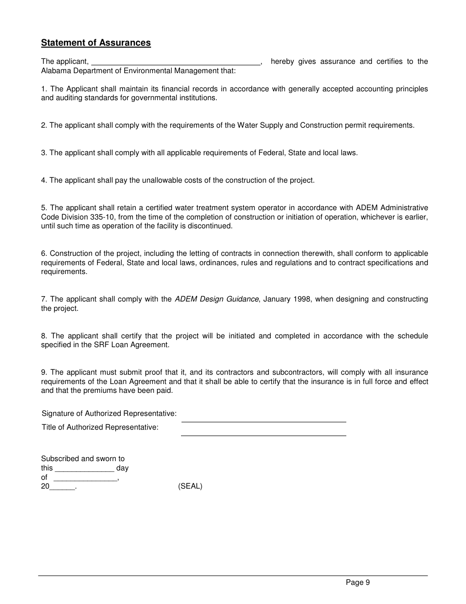 ADEM Form 369 Drinking Water State Revolving Fund (Dwsrf) Loan Application - Alabama, Page 9