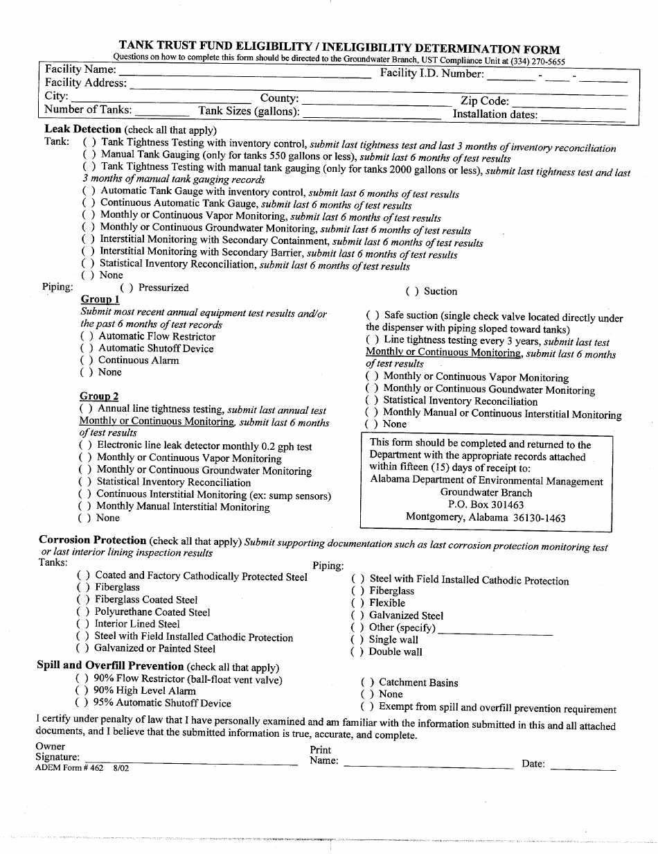 ADEM Form 462 Tank Trust Fund Eligibility / Ineligibility Determination Form - Alabama, Page 1
