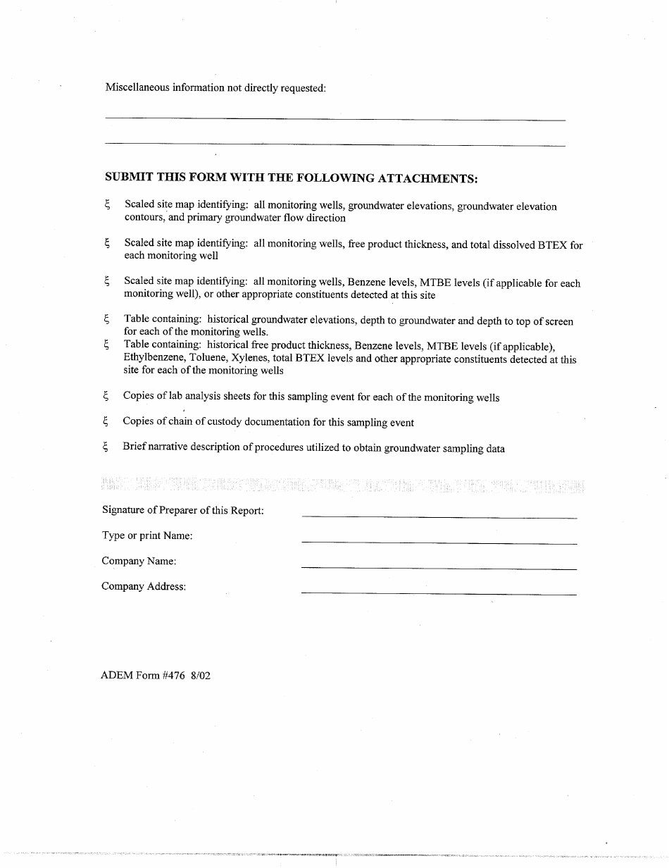 ADEM Form 476 Ust Groundwater Monitoring Report - Alabama, Page 2