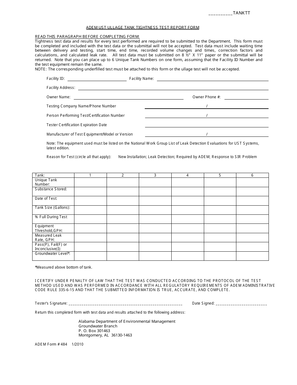 ADEM Form 484 ADEM Ust Ullage Tank Tightness Test Report Form - Alabama, Page 1