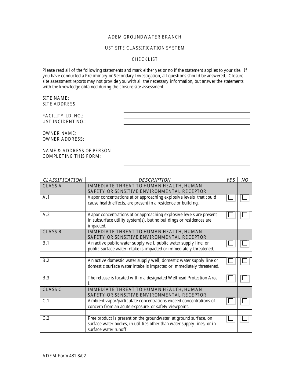 ADEM Form 481 Ust Site Classification System Checklist - Alabama, Page 1